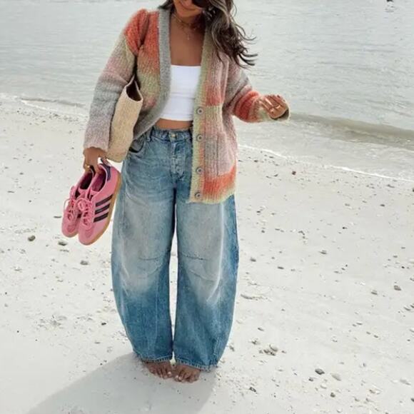 BlankNYC Orange Striped Cardigan Sweater XS Oversized Fuzzy Grandpa V-Neck $88 - Picture 5 of 11